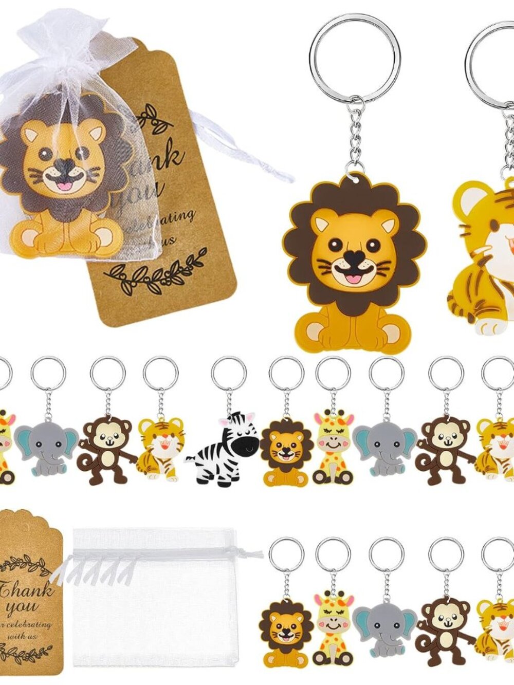 Cute Jungle Safari Animal Keychains Key Ring Decor Carnival Rewards Organza Bags